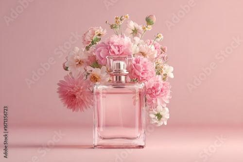Pink perfume bottle, floral bouquet
