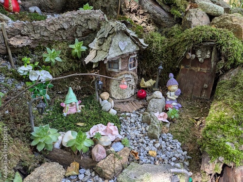 Public children’s garden filled with fairy tale characters, animals, and moss-covered houses, creating a magical storybook atmosphere in a natural outdoor setting.