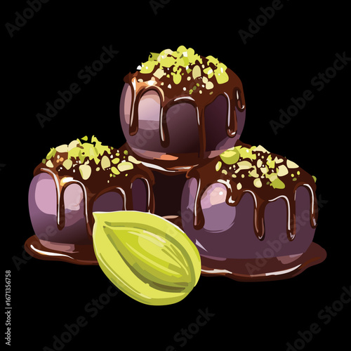 Four gourmet dark chocolate truffles with pistachio nuts and grape filling, perfect delicious treat - Vector Illustration