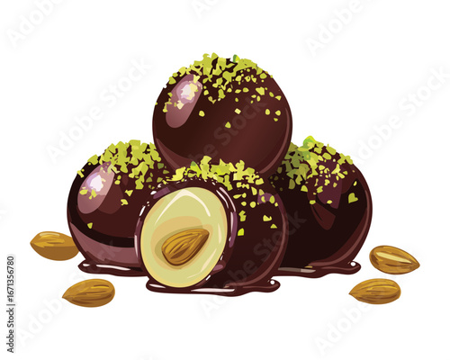 A group of delicious homemade dark chocolate truffles with pistachio and chopped hazelnut, gourmet sweets - Vector Illustration