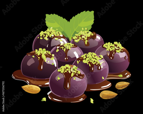 Stack of rich chocolate truffles with chopped pistachio and mint leaves, delicious homemade sweets, confectionery - Vector Illustration