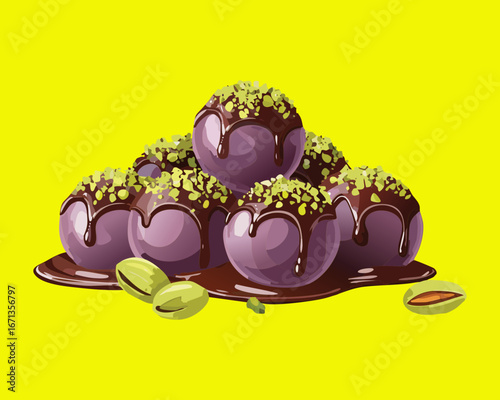 Pile of gourmet dark chocolate truffles with pistachio topping, perfect sweet dessert treat on a yellow background - Vector Illustration