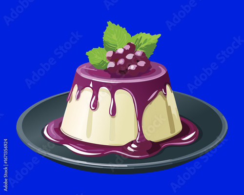 Panna cotta dessert with a delicious purple grape sauce topping and fresh fruit garnish, a delectable dish for a restaurant menu - Vector Illustration