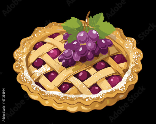 An artistic illustration of a freshly baked whole grape pie with a braided lattice crust and juicy fruit filling - Vector Illustration