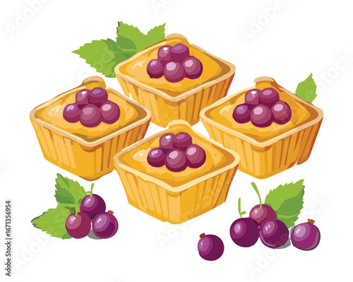 A group of freshly baked miniature grape tarts with a juicy purple fruit filling, perfect for a bakery menu - Vector Illustration

