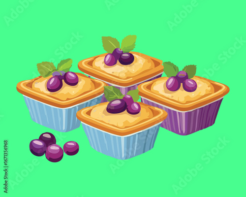 
A set of sweet grape tartlets with a creamy filling on a green background - Vector Illustration

