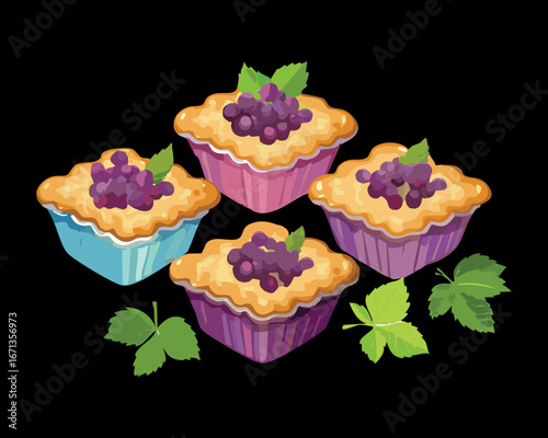 A collection of delicious grape tartlets with a creamy filling and fresh leaves - Vector Illustration

