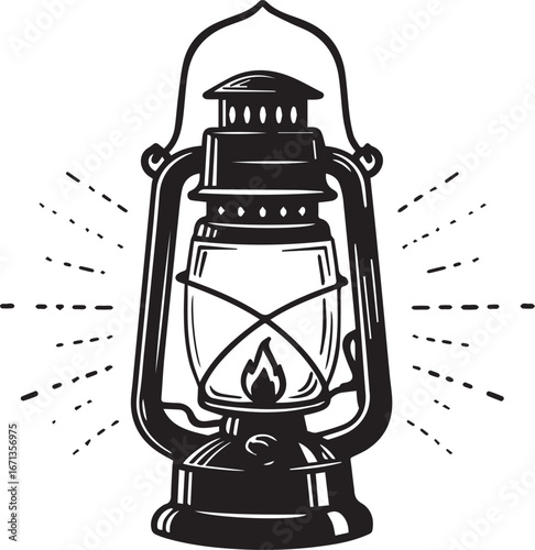 Vintage Oil Lantern with Flame and Light Rays Illustration Keywords: oil lantern, kerosene lamp, vintage, retro, light, flame, fire, illumination, antique, classic, portable light, camping, hiking