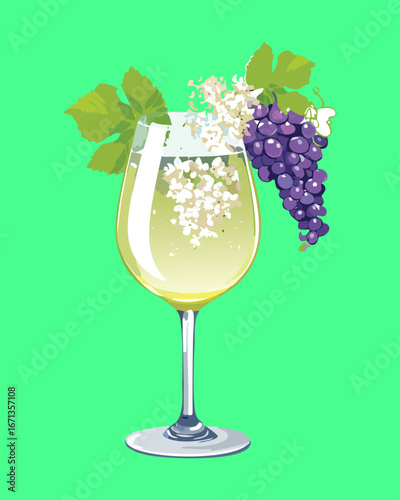 A glass of white wine with fresh green grapes and a light herb garnish - Vector Illustration

