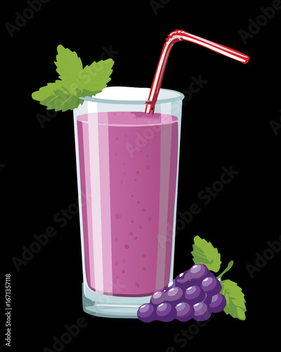A tall glass of a delicious purple juice with a red straw and fresh grapes - Vector Illustration

