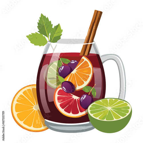 A rich citrus punch with sliced oranges, mint, and a cinnamon stick - Vector Illustration

