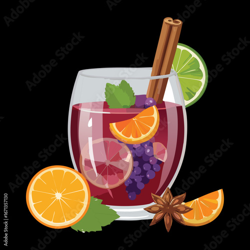 A rich citrus punch with orange slices, a cinnamon stick, and fresh mint - Vector Illustration

