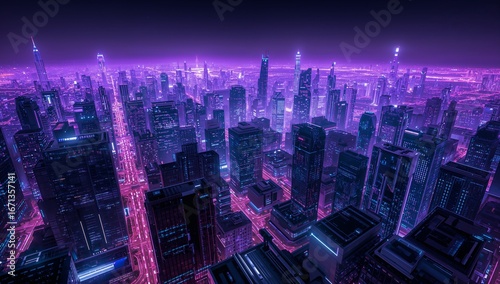 A neon city skyline at night with high-tech  futuristic lighting.