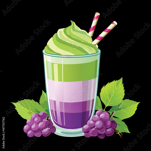 A tall glass of a refreshing green milkshake with fresh mint and a red straw - Vector Illustration

