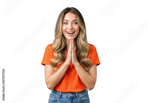 Excited young woman with blonde hair and blue eyes, wearing an orange tshirt and jeans, clasped hands together in anticipation, isolated on transparent background