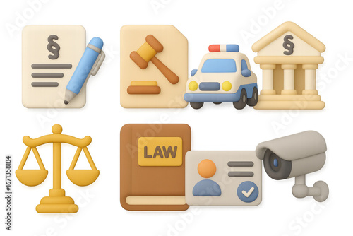 Legal and law enforcement icons in 3d style featuring justice symbols and documents