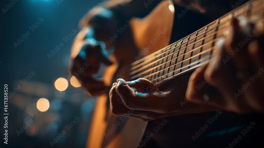 Fototapeta premium Hands playing acoustic guitar close up