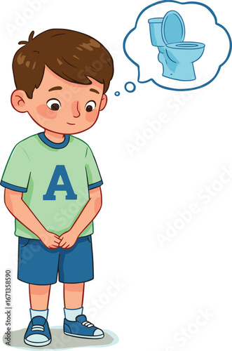 Cartoon boy needing toilet, kid holding pee, bathroom urgency illustration, children restroom concept, funny character design, health and hygiene education