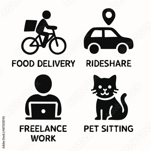 Gig economy job icons featuring food delivery, freelance, rideshare and pet sitting