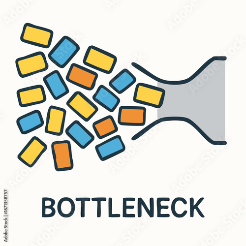 Colorful rectangles representing objects, passing through a narrow spout representing bottleneck