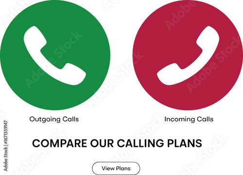 Phone call icons, incoming and outgoing calls, telecom service plans, mobile communication offers, customer contact solutions, business calling comparison illustration
