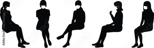 Silhouette, women, sitting, wearing masks, social distancing, pandemic safety, healthcare protection, medical precaution, COVID prevention, public health, safety awareness, quarantine lifestyle
