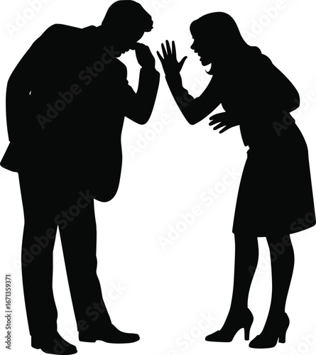 Silhouette, man, woman, arguing, couple conflict, office dispute, workplace stress, angry conversation, communication problem, relationship issue, emotional tension, teamwork failure, shouting