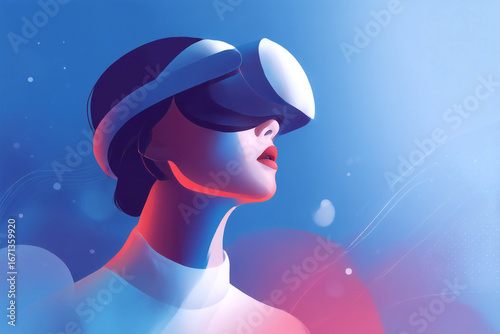 Futuristic illustration of a woman wearing VR glasses in soft blue and purple tones. Gradient background creates a modern, tech-inspired atmosphere.
