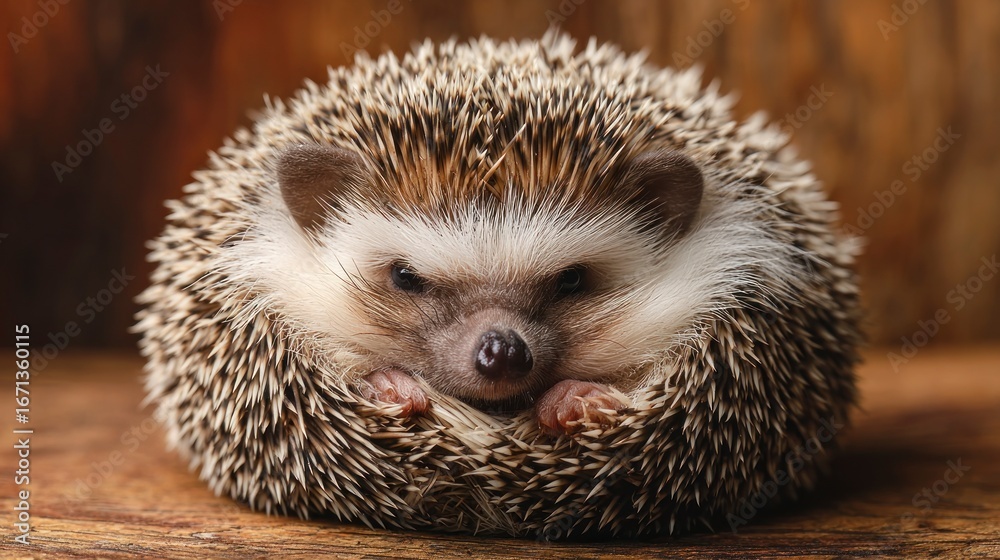 Fototapeta premium Hedgehog resting on wooden surface