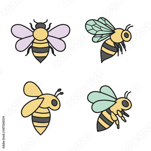 Four bees with unique wing colors and patterns in illustration style