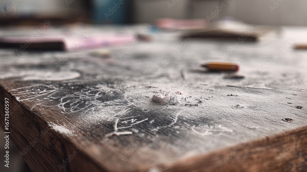 Fototapeta premium A close-up of a dusty wooden table covered with chalk marks and scattered stationery, creating a nostalgic classroom atmosphere.