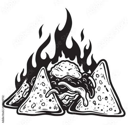 A delicious and fiery illustration of nachos with cheese, chili, and burning flames