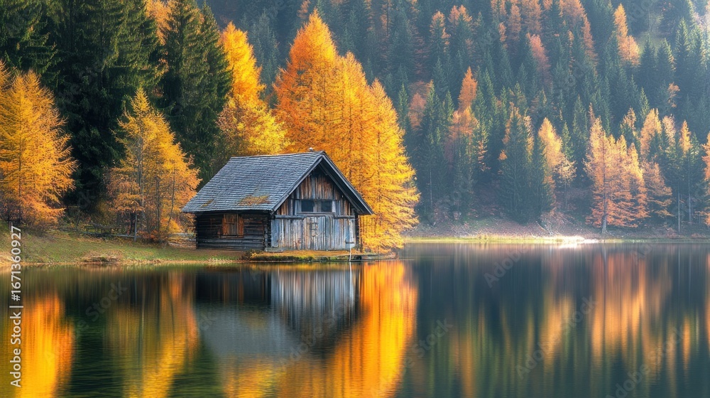 Obraz premium Tranquil lakeside cabin scene showcasing fall foliage and mirrored reflections