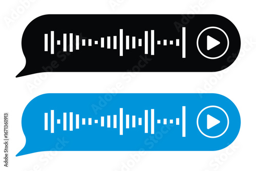 Voice message. Record voice note messages players with waveforms, playback controls, durations audio icons. Cell phone UI design, smartphone chat app, podcast interfaces elements. Vector set in eps 10