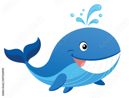 Cartoon whale spouting water from its blowhole isolated on white background