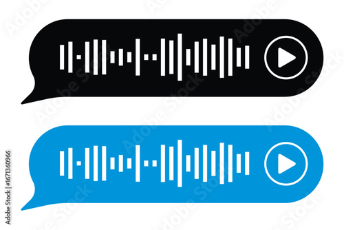 Voice message. Record voice note messages players with waveforms, playback controls, durations audio icons. Cell phone UI design, smartphone chat app, podcast interfaces elements. Vector set in eps 10