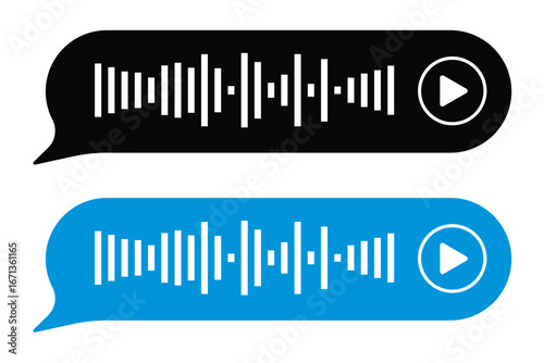 Voice message. Record voice note messages players with waveforms, playback controls, durations audio icons. Cell phone UI design, smartphone chat app, podcast interfaces elements. Vector set in eps 10