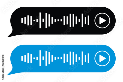 Voice message. Record voice note messages players with waveforms, playback controls, durations audio icons. Cell phone UI design, smartphone chat app, podcast interfaces elements. Vector set in eps 10