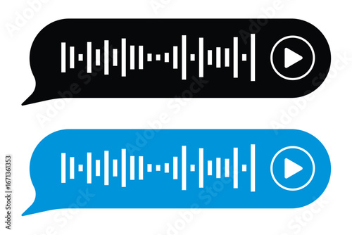 Voice message. Record voice note messages players with waveforms, playback controls, durations audio icons. Cell phone UI design, smartphone chat app, podcast interfaces elements. Vector set in eps 10