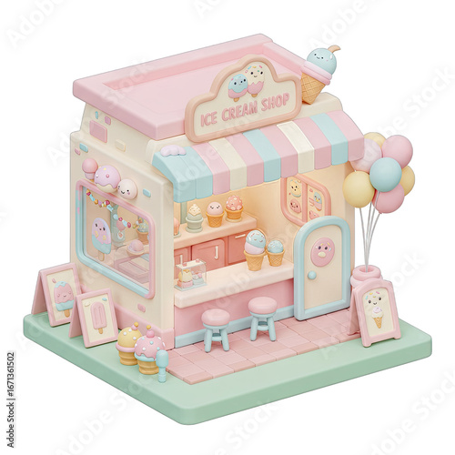 Adorable Pastel Ice Cream Shop with Kawaii Characters, Sweet Treats, and Balloons, 3D Render. PNG Isolated Transparent