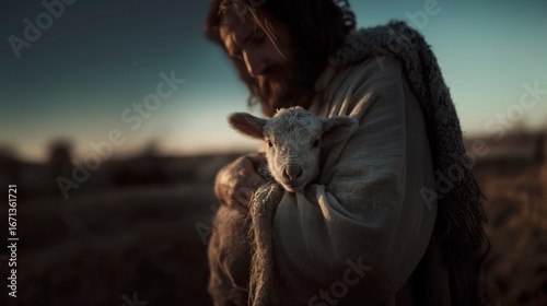 Jesus finds the lost sheep and carries it in his arms