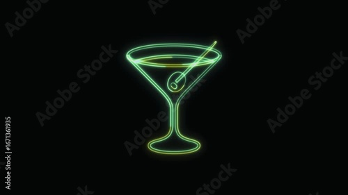  Cocktail Icon Neon Seamless Loop 4K with Black Background Animated Promotional Typography for Video Editing