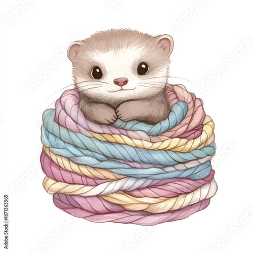a cute Ferret playing hide and seek inside a pile