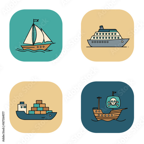 Icon set depicts a sailboat, a cruise ship, a cargo ship, and a pirate ship