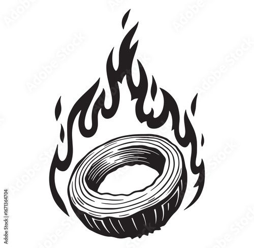 Burning tire concept depicting speed power and automotive performance in a graphic style