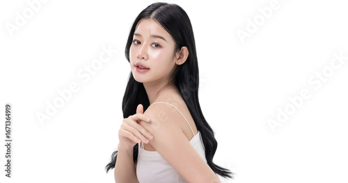 Canvas Print A beautiful Asian woman with long black wavy hair posing gracefully with a soft smile isolated on transparent background, studio beauty portrait