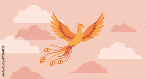 Phoenix rising over the clouds, stylized