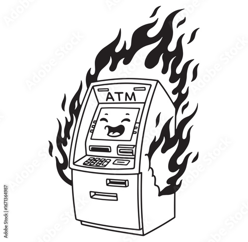 Cartoon atm on fire with a smiling face representing financial difficulties or fraud.