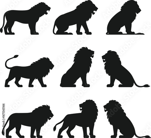 Lion silhouette, black lion icons, wild animal poses, sitting lion, walking lion, roaring lion, vector lion shapes, isolated lions