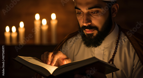 muslim man reading holy book by candlelight